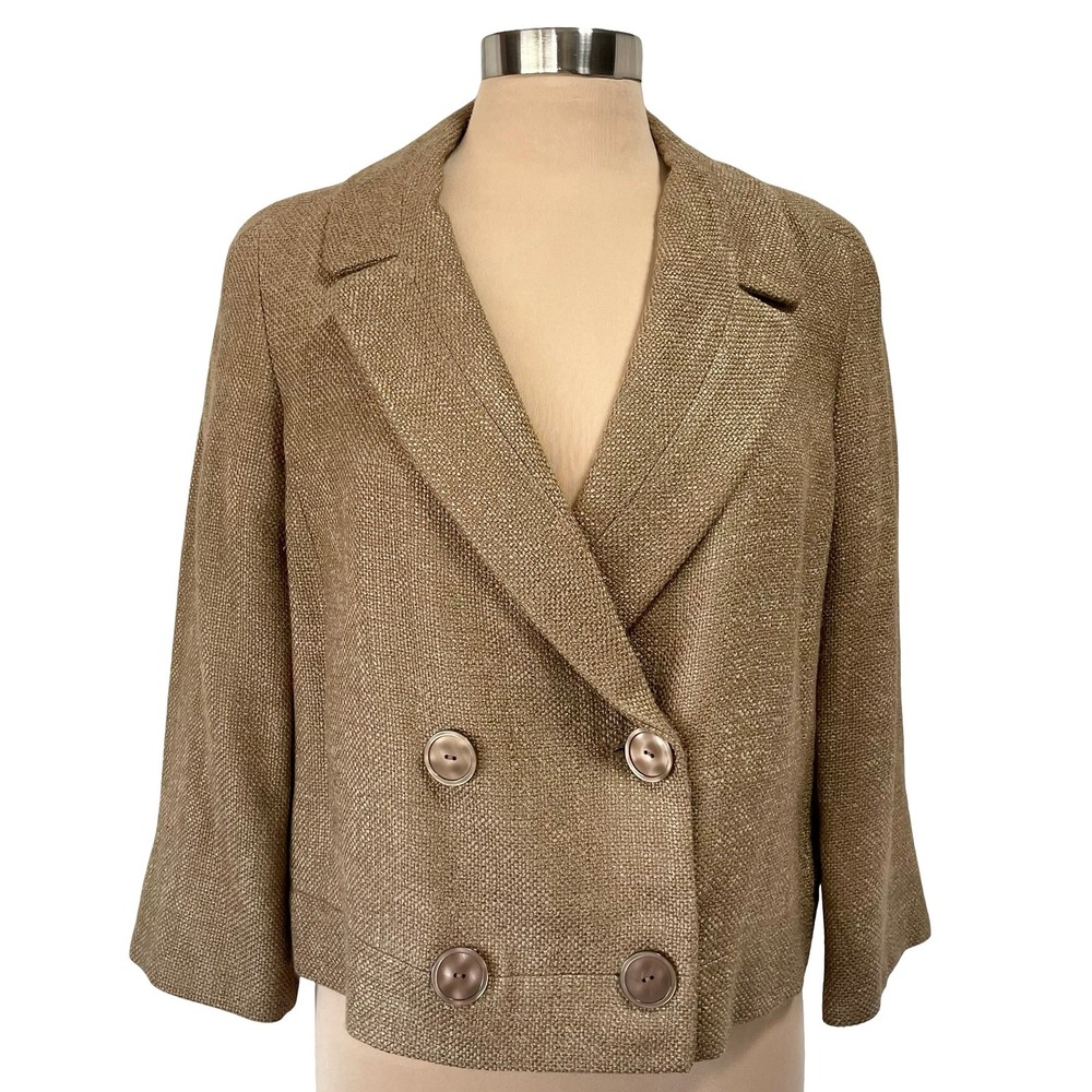 Talbots Tan Tweed Cropped Double Breasted Blazer Jacket Sz 12 Career Office Wear